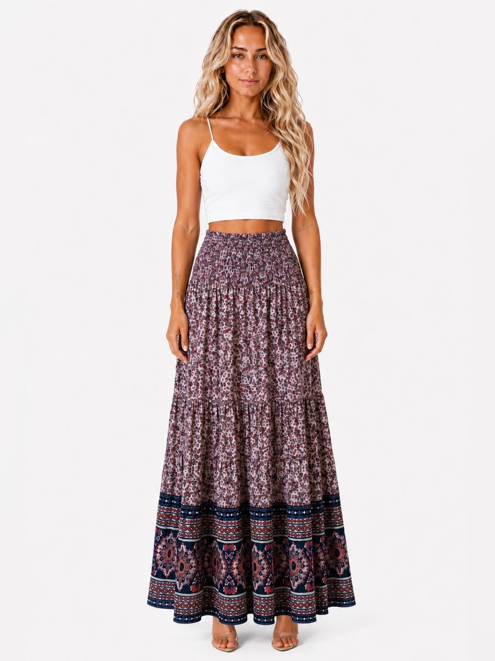 Bershka Floral Tiered Maxi Skirt in Mauve and Navy